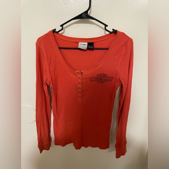 ✨Women’s Harley Davidson Orange Long Sleeve Top Size L - Picture 1 of 11